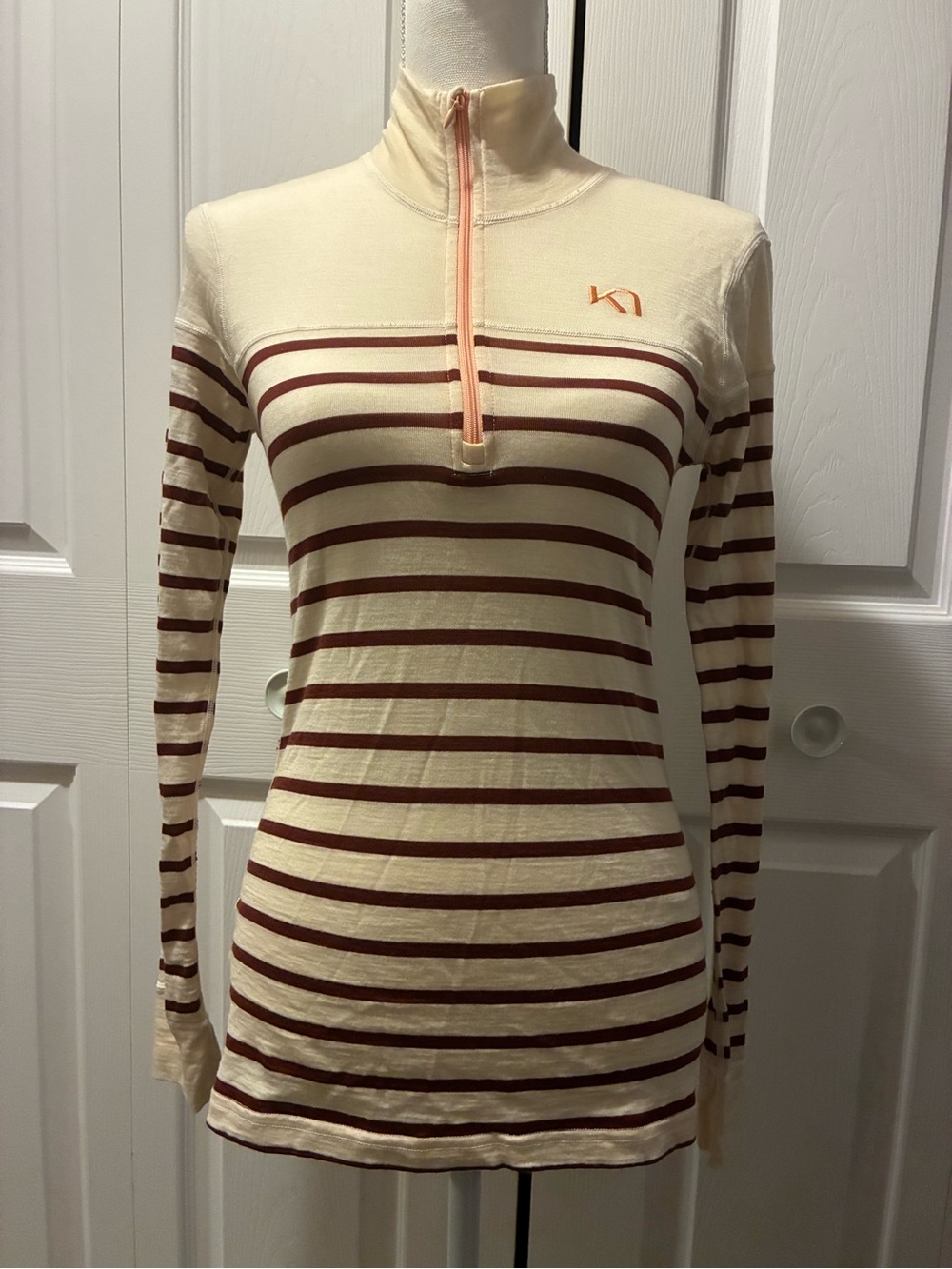 Kari Traa Cream and Brown Striped Half-Zip Long Sleeve Top